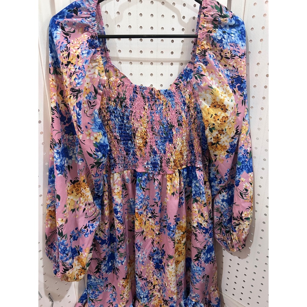 Floral Smocked Square Neck Puff Sleeve‎ Mini Dress Pink Blue Yellow